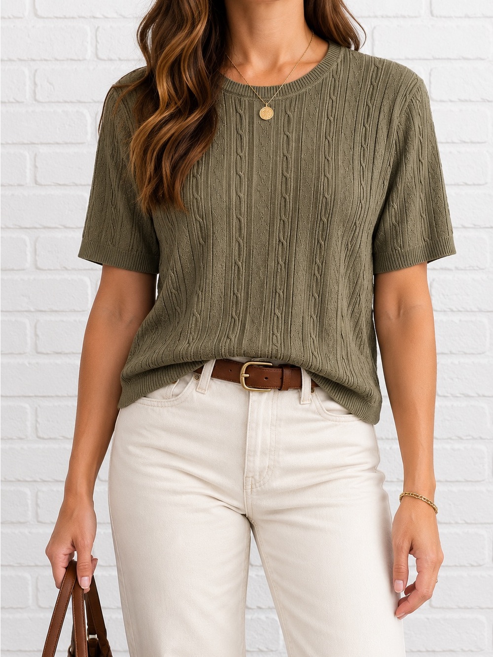 Vintage Alfred Dunner Olive Green Cable Knit Acrylic Sweater Top Medium USA